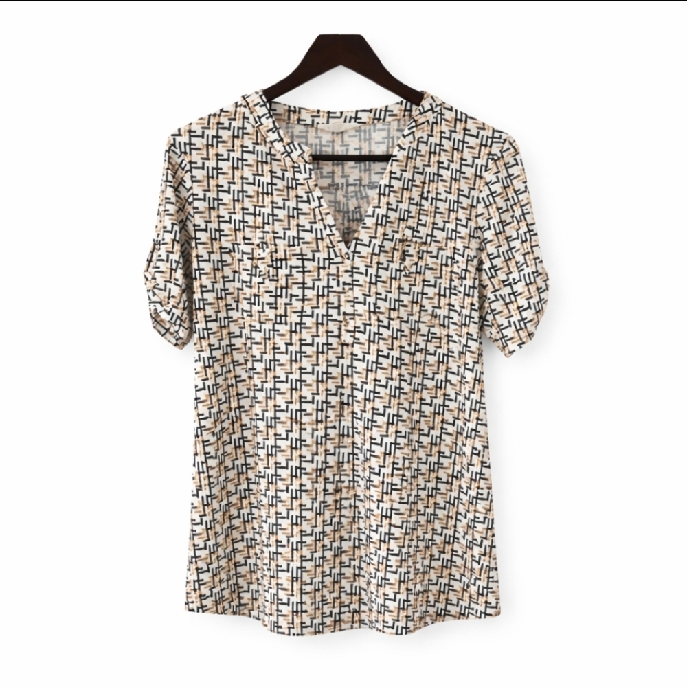 Perseption Concepts Black Tan Geometric Blouse Sz XL